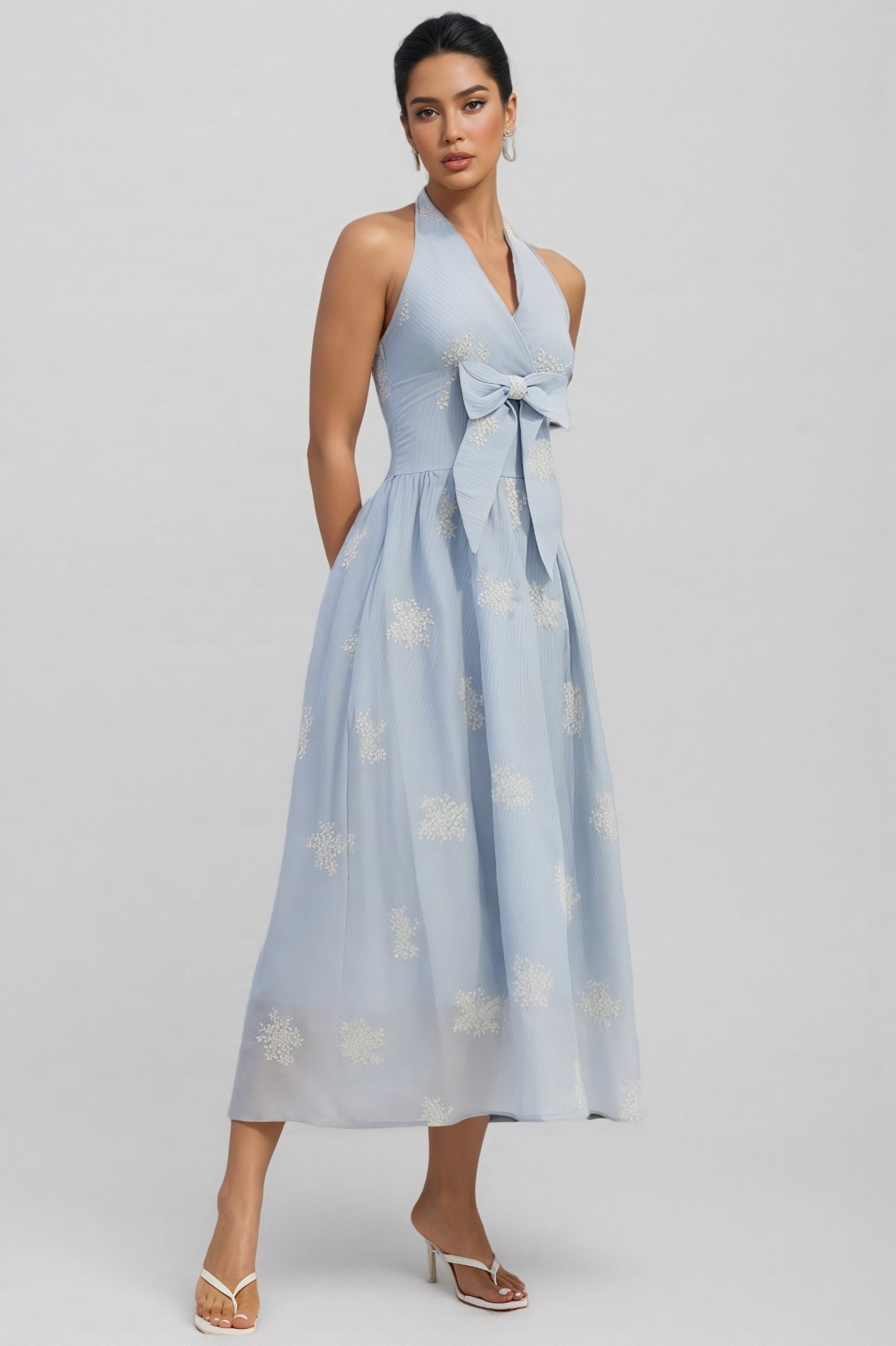 Eliza Halter Striped Embroidery Maxi Dress