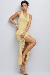 Quillrt Yellow Backless Lace Mesh Midi Dress