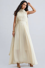 Zurilk Apricot Chiffon Backless Maxi Dress