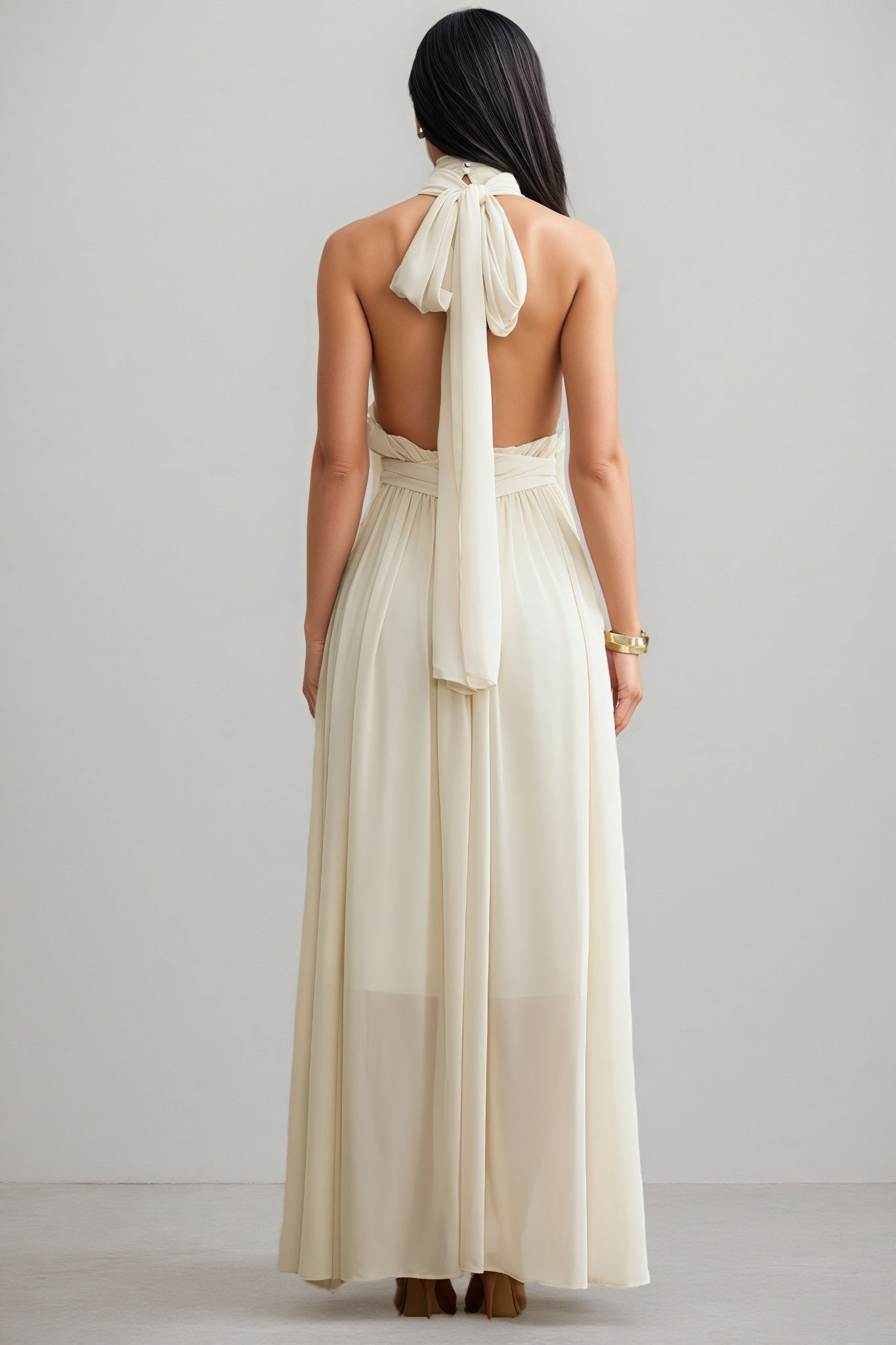 Zurilk Apricot Chiffon Backless Maxi Dress