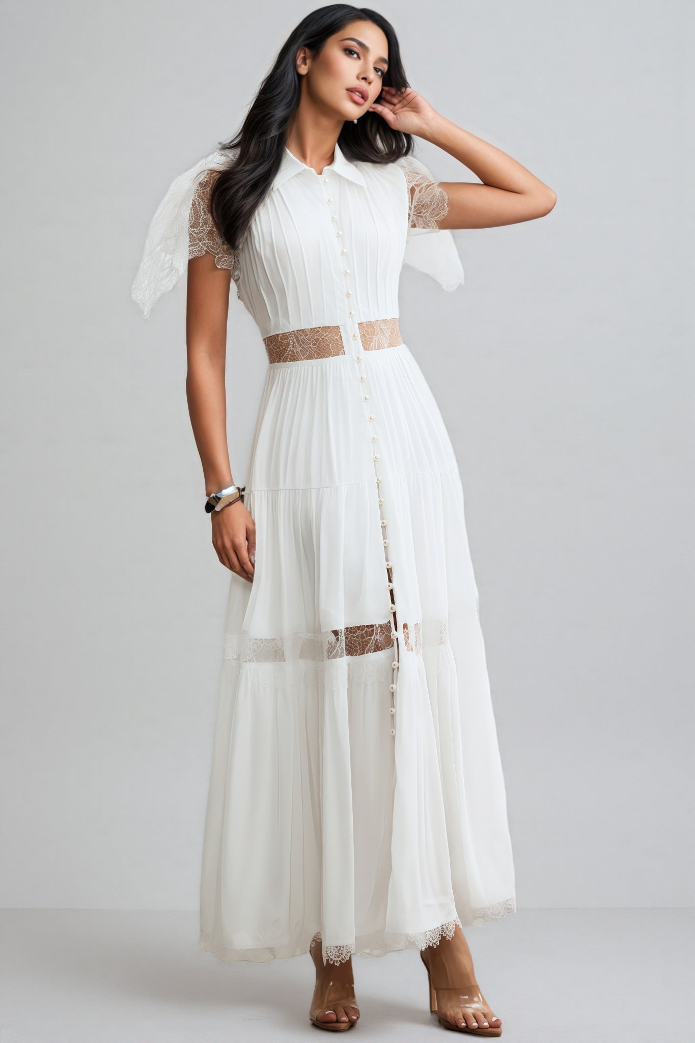 Zived White Lace Embroidery Cut Out Maxi Dress