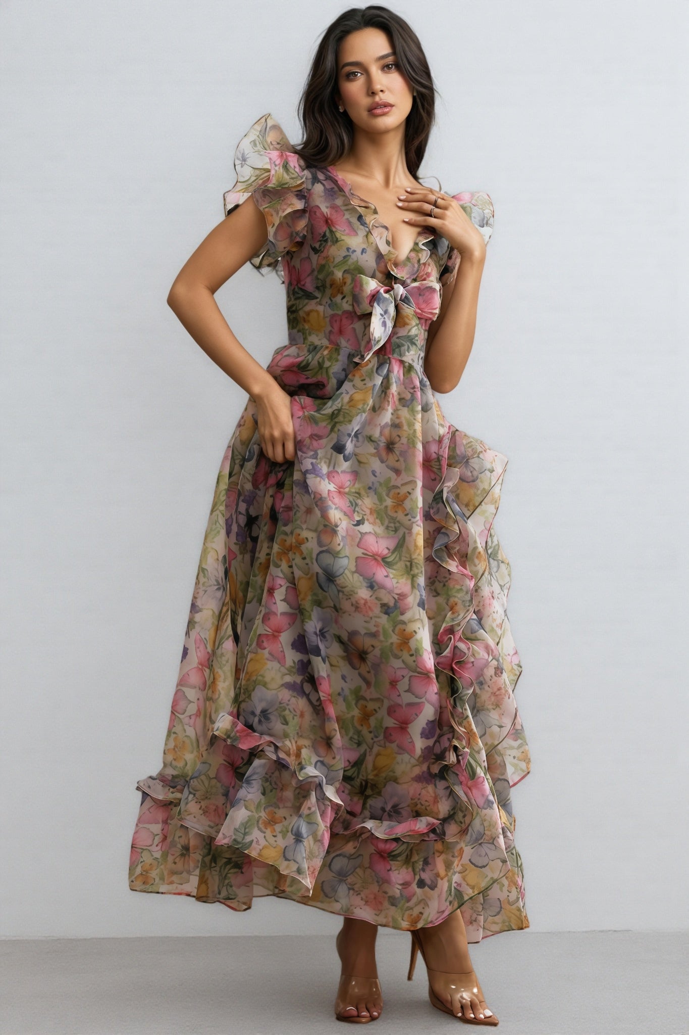 Bella Butterfly Print Ruffle Chiffon Maxi Dress
