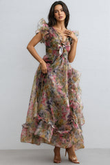 Bella Butterfly Print Ruffle Chiffon Maxi Dress