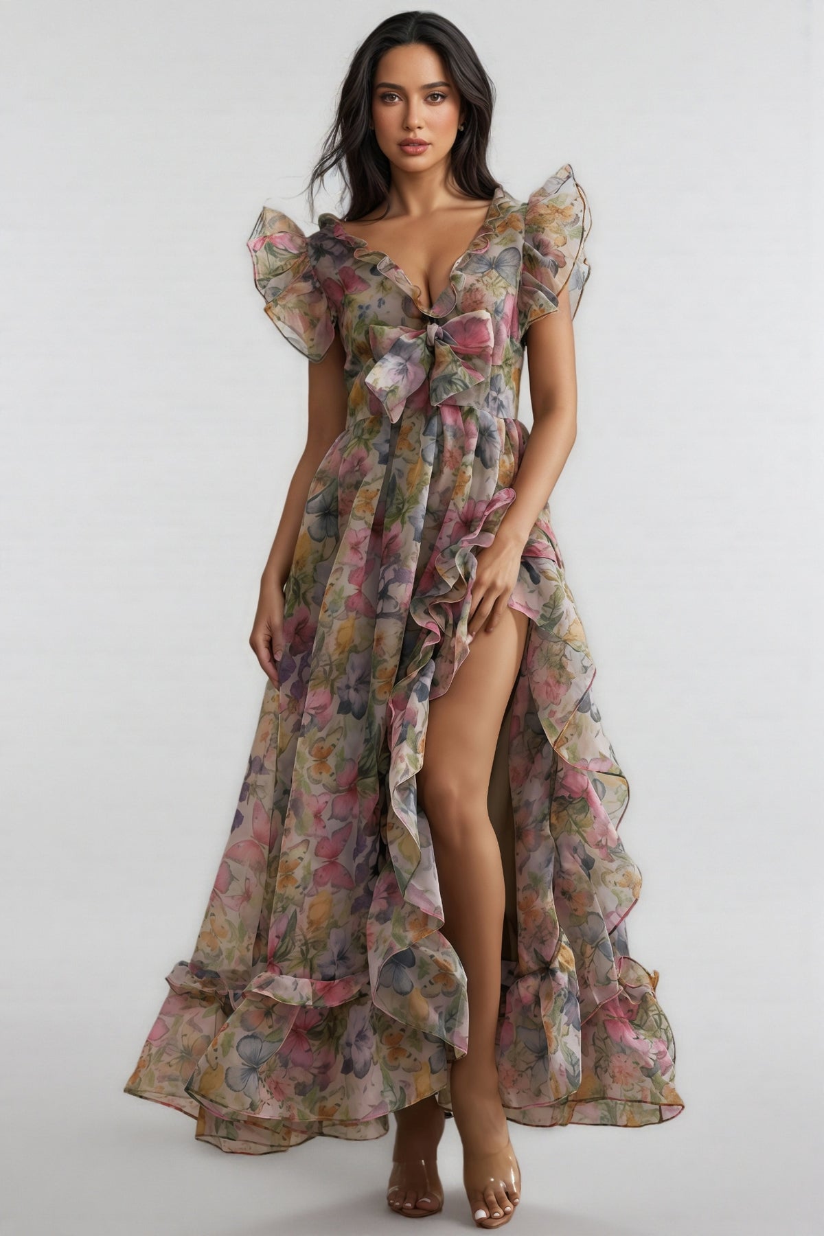 Bella Butterfly Print Ruffle Chiffon Maxi Dress