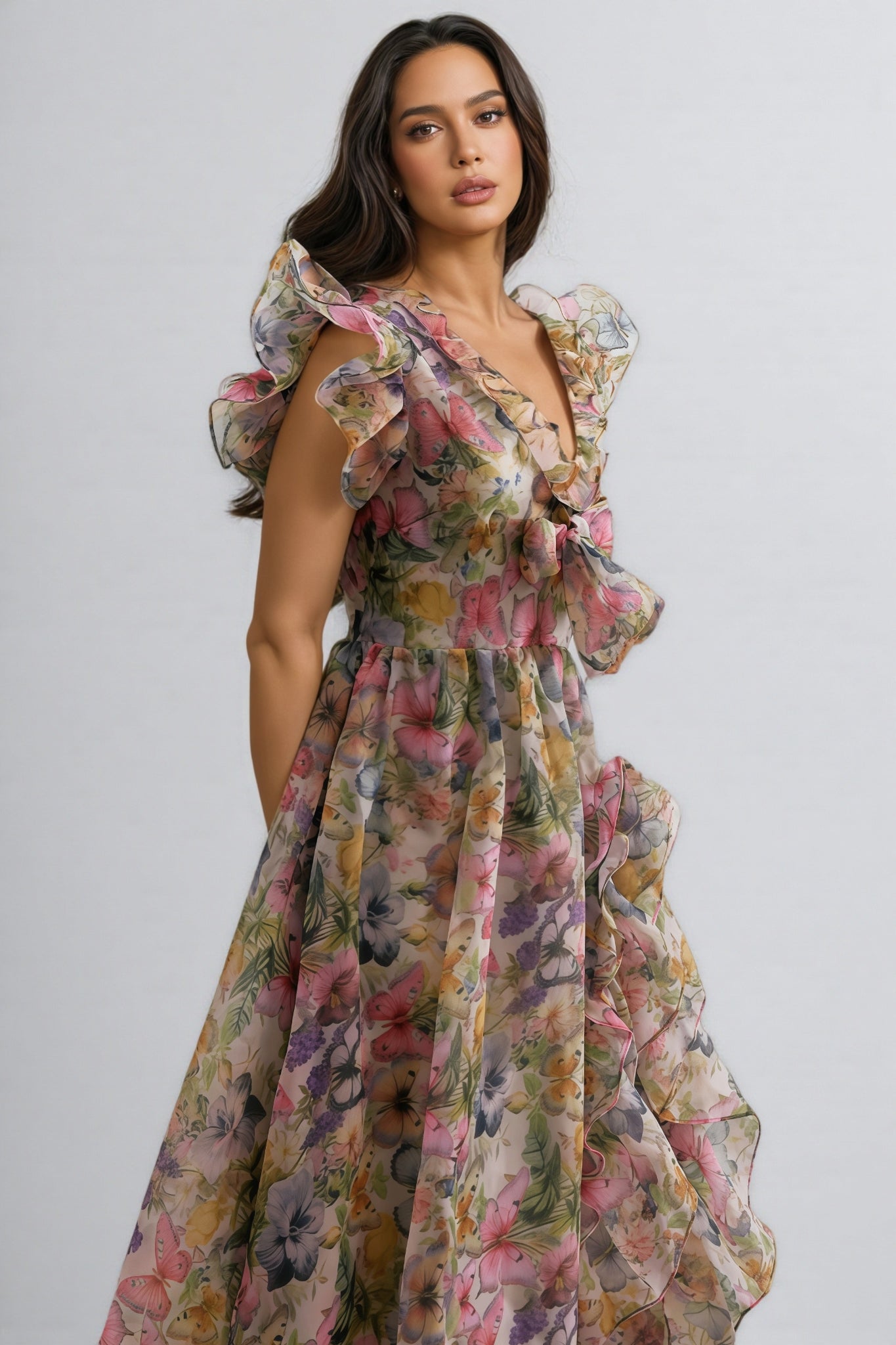 Bella Butterfly Print Ruffle Chiffon Maxi Dress