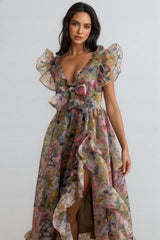 Bella Butterfly Print Ruffle Chiffon Maxi Dress