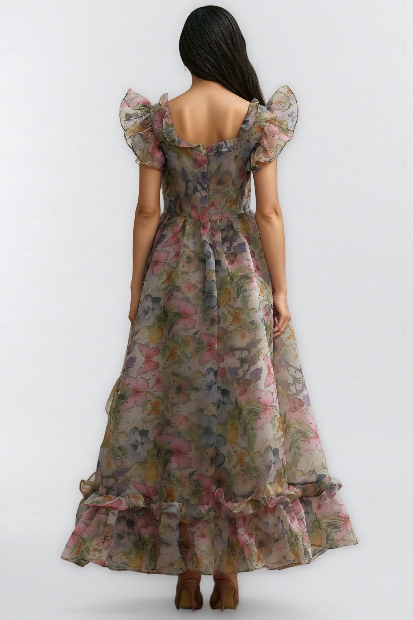 Bella Butterfly Print Ruffle Chiffon Maxi Dress