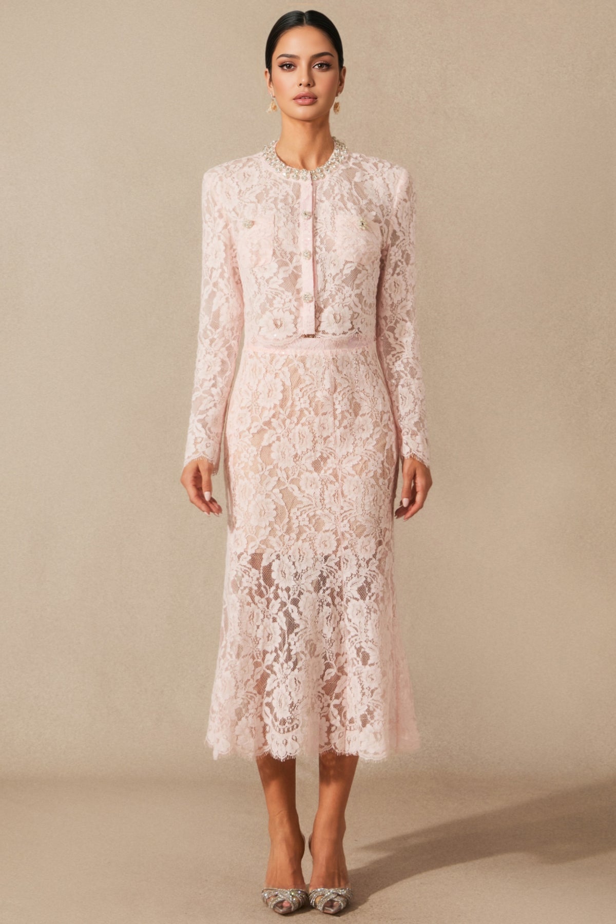 Islay Long Sleeve Floral Lace Midi Dress Set