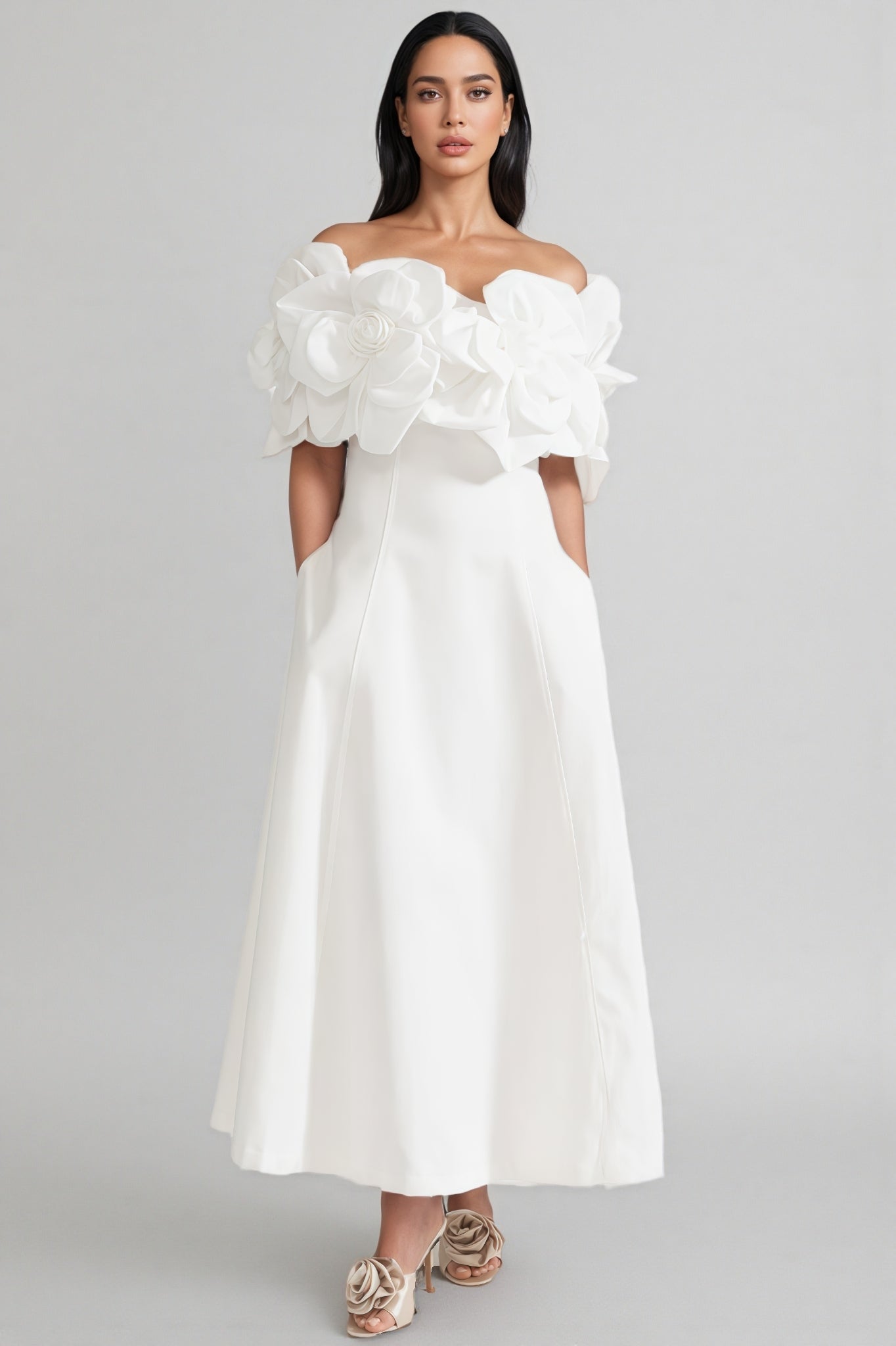 Dasaka White Strapless 3D Floral Maxi Dress