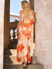 Mesh Floral Print Asymmetrical Hem Ribbon Decoration Tube Dress