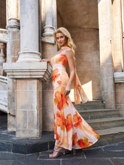 Mesh Floral Print Asymmetrical Hem Ribbon Decoration Tube Dress