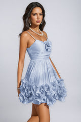 Serady Blue Spaghetti Flower Ruffle Mini Dress