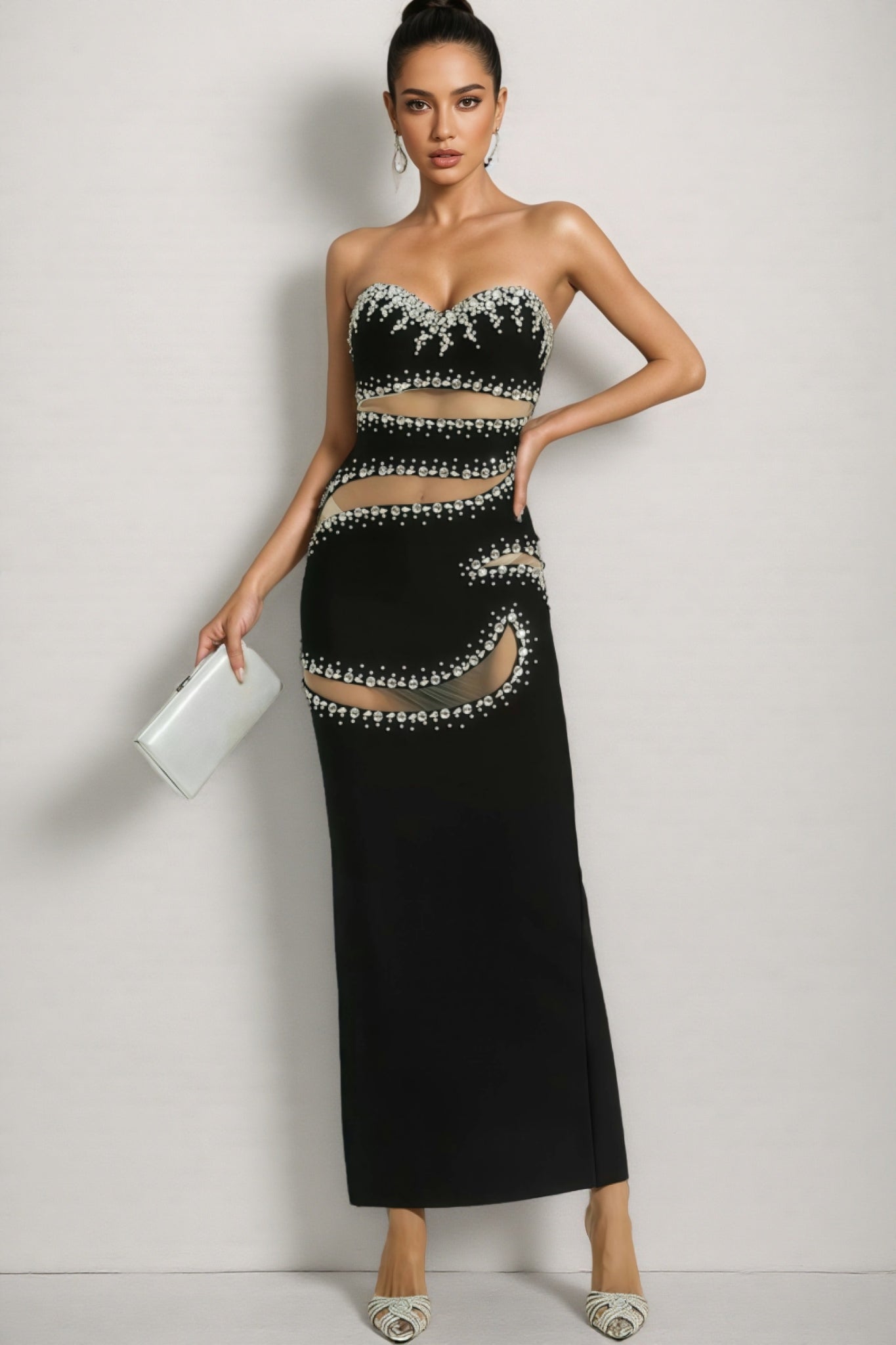Elioed Black Beading Mesh Bandage Maxi Dress