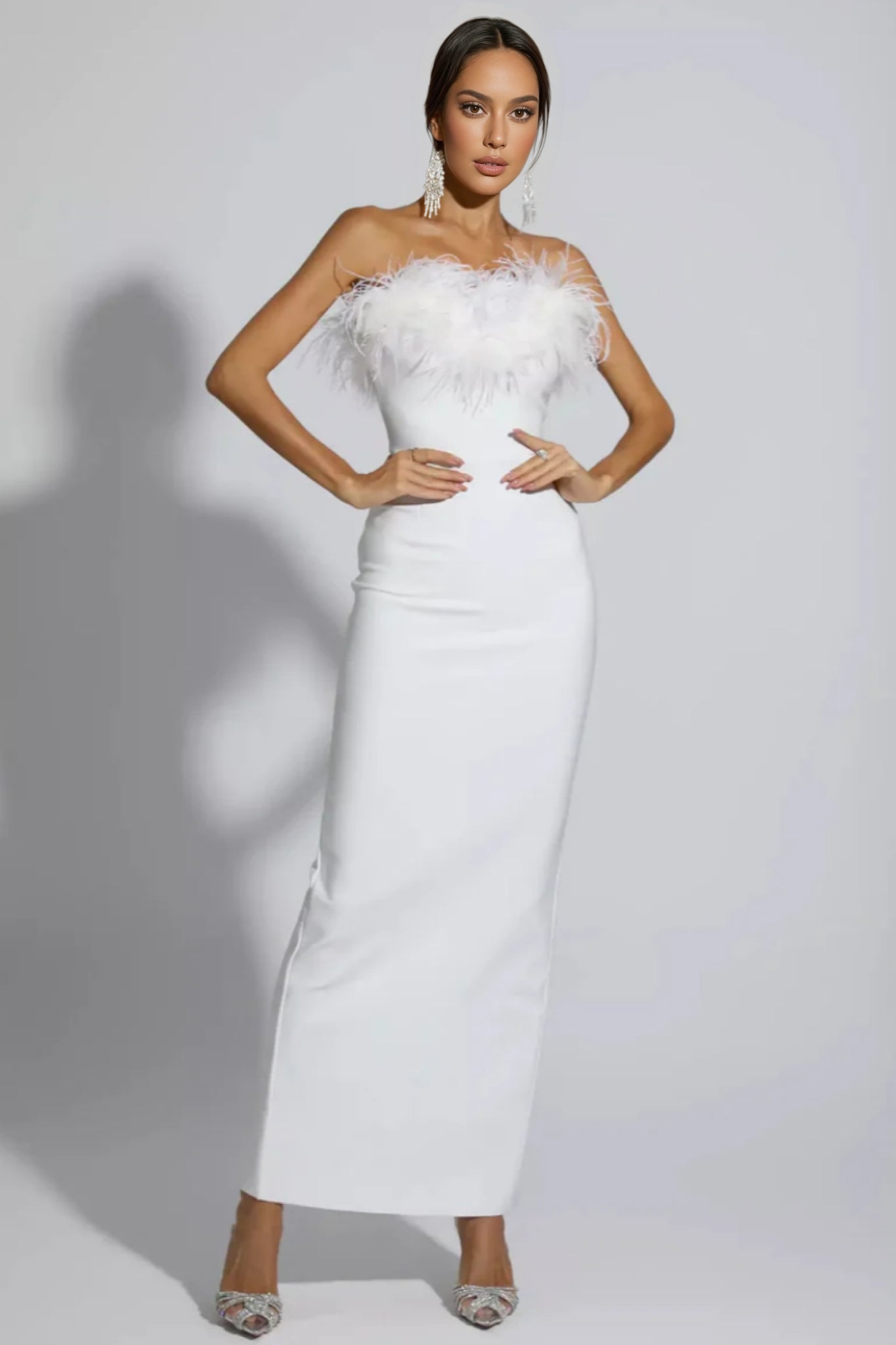 Viane White Feather Tassel Maxi Dress