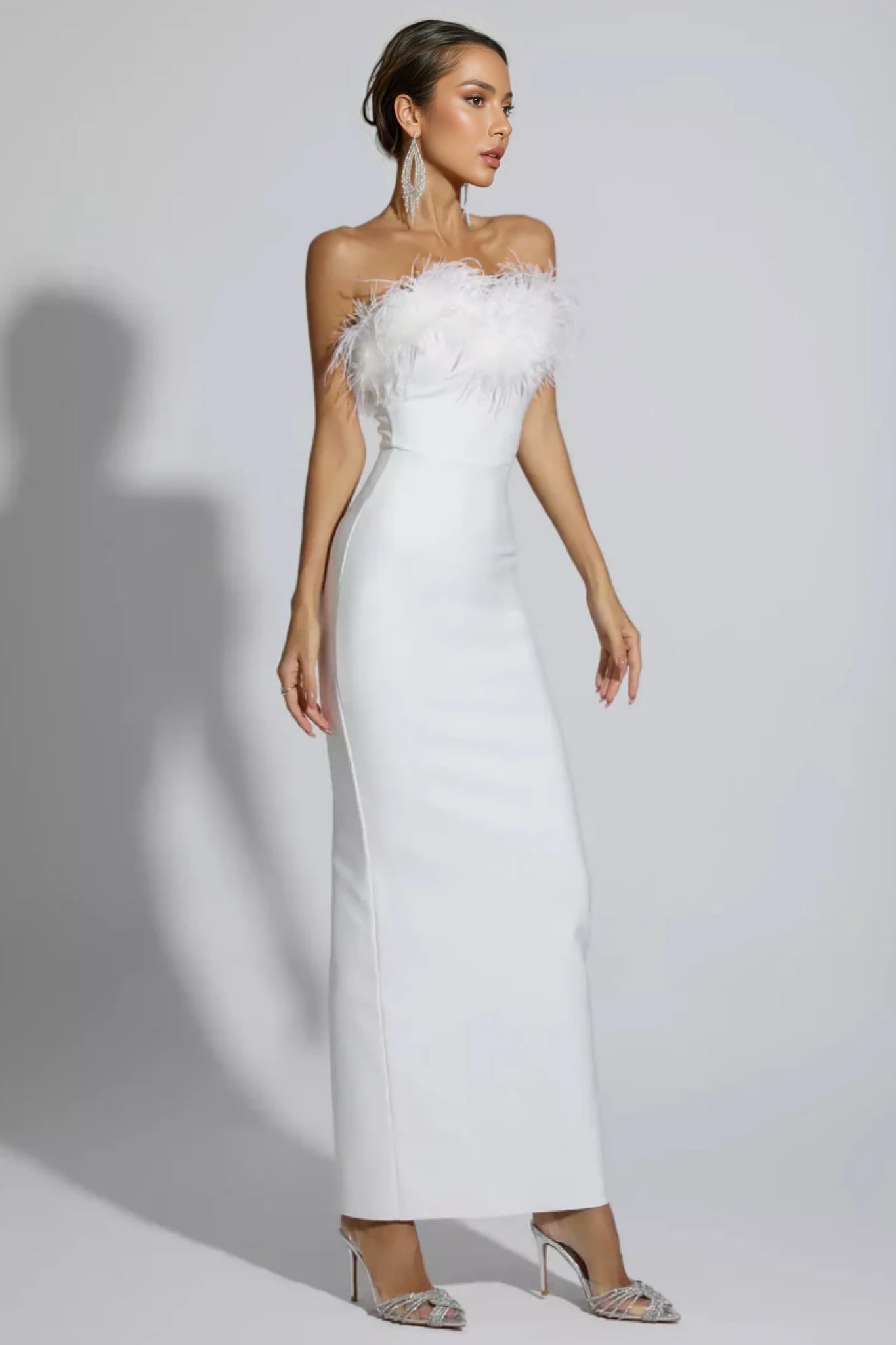 Viane White Feather Tassel Maxi Dress