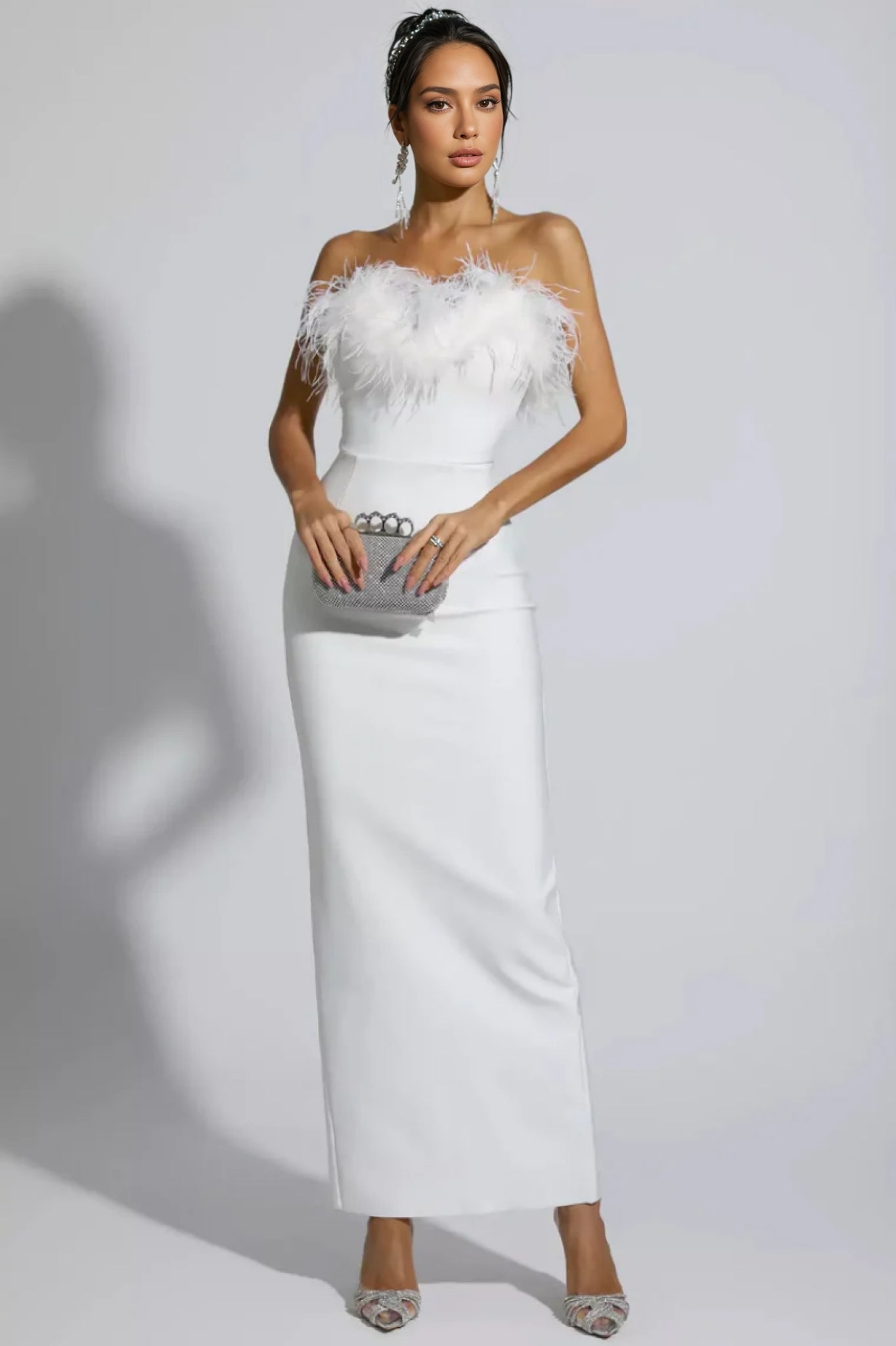Viane White Feather Tassel Maxi Dress