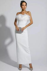 Viane White Feather Tassel Maxi Dress