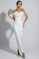 Viane White Feather Tassel Maxi Dress