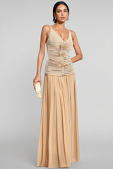 Raintp Beige Ruched Suspender Maxi Dress Set