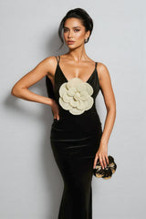 Sorelk Plunge Neck Flower Velvet Maxi Dress