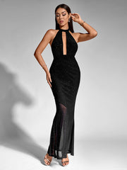 O-Neck Cut Out Mesh Sequin Mermaid Dress