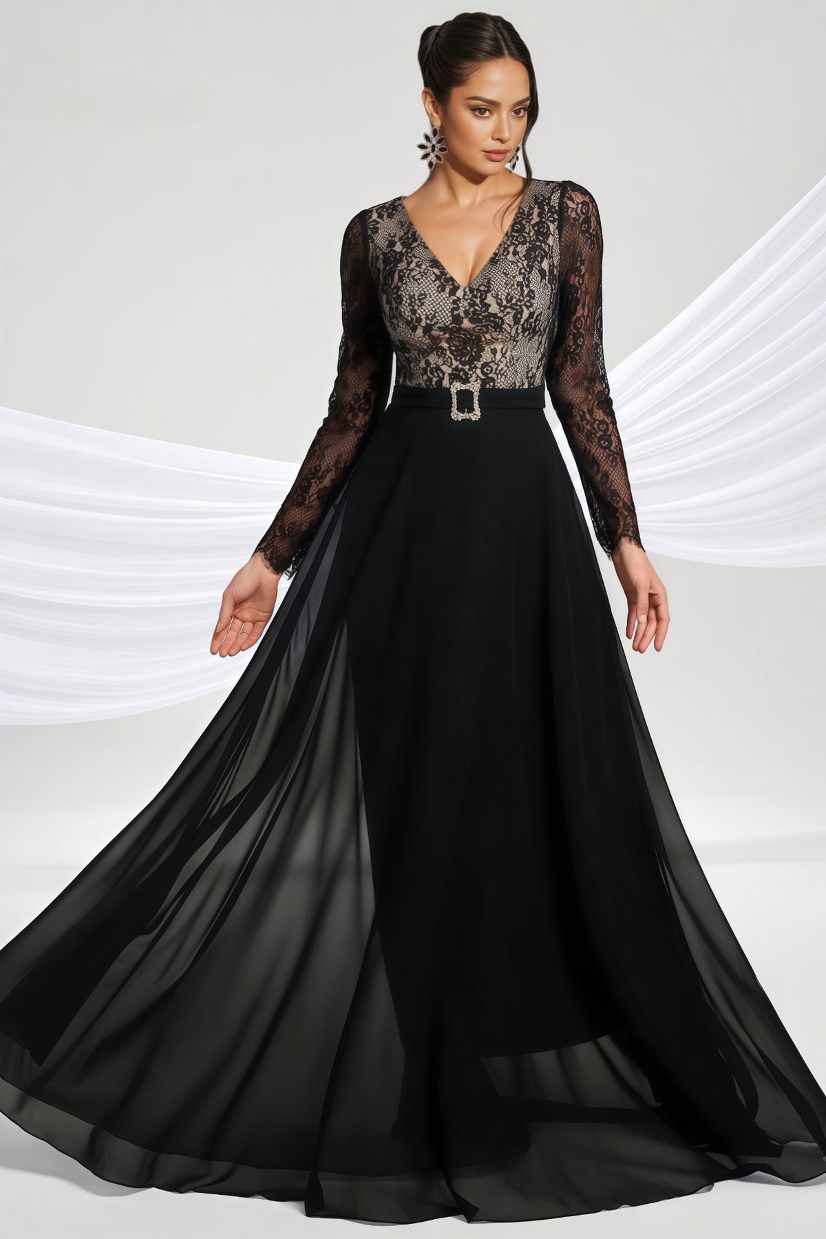 Abel Black Long-Sleeve Lace Maxi Dress