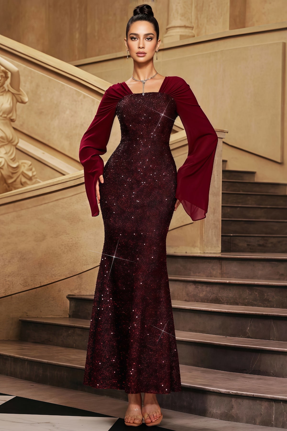 Antony Red V-Neck Sequined Maxi Dress