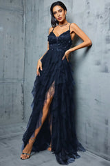 Valentina Blue Mesh Slit Maxi Dress