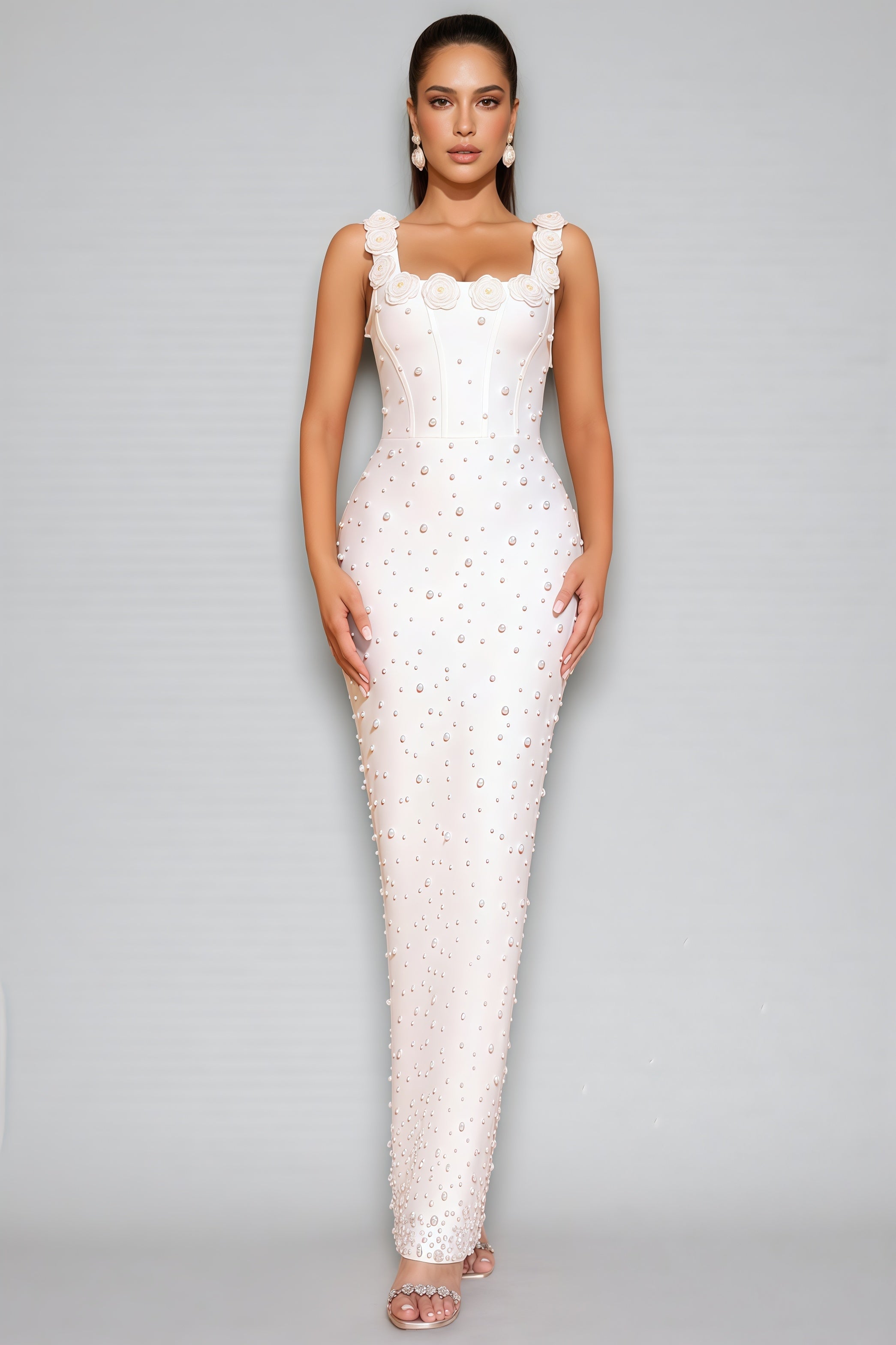 Maba White 3D Floral Maxi Dress
