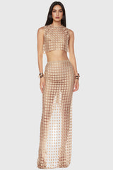 Noelle Sheer Plaid Fishtail Maxi Dress Two Piece Set