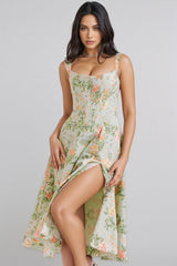 Nila Green Split Floral Midi Dress