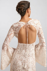 Zettad Flared Sleeve Backless Lace Maxi Dress