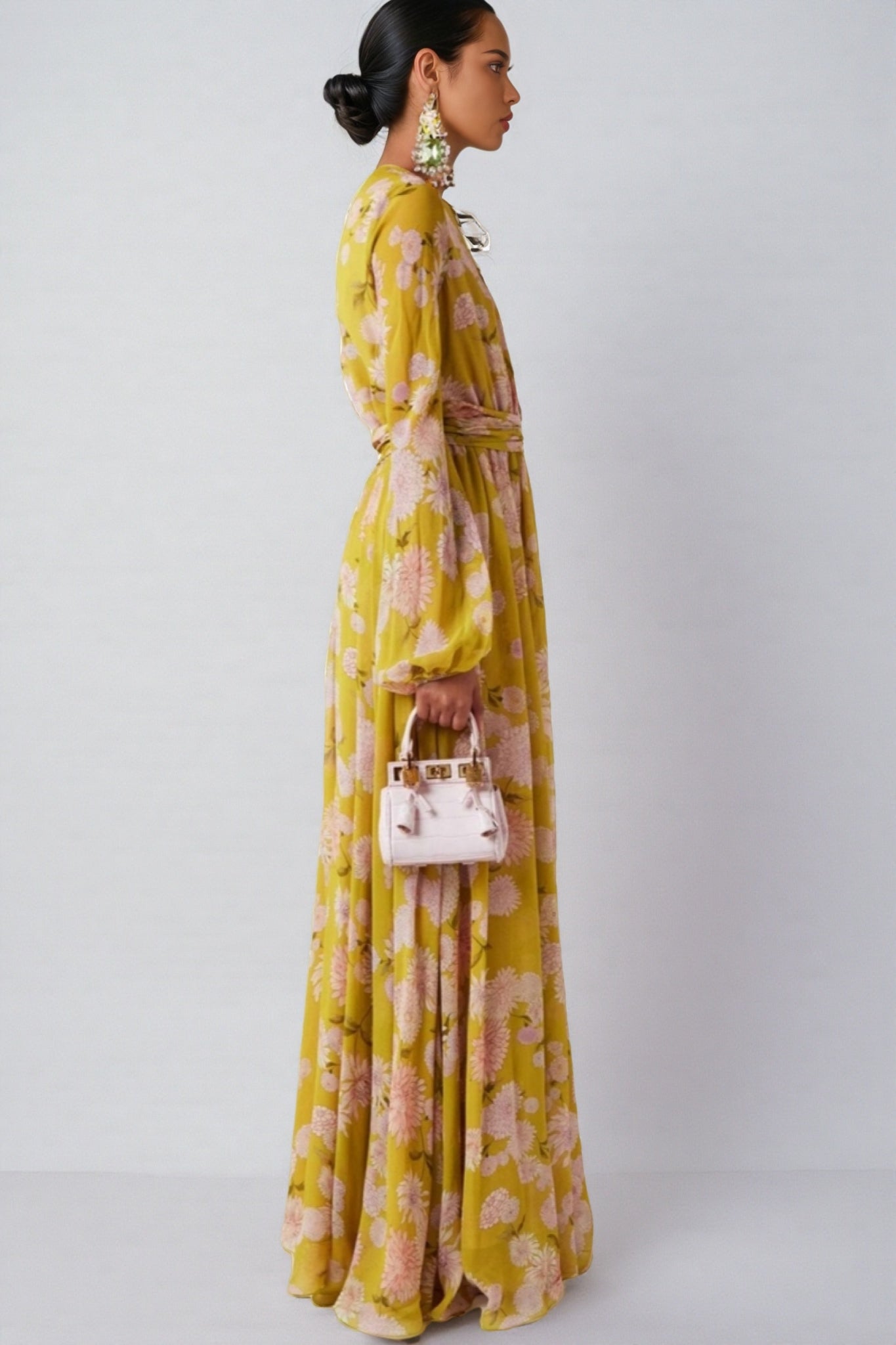 Giselle Floral Lace Up Puff Sleeve Maxi Dress