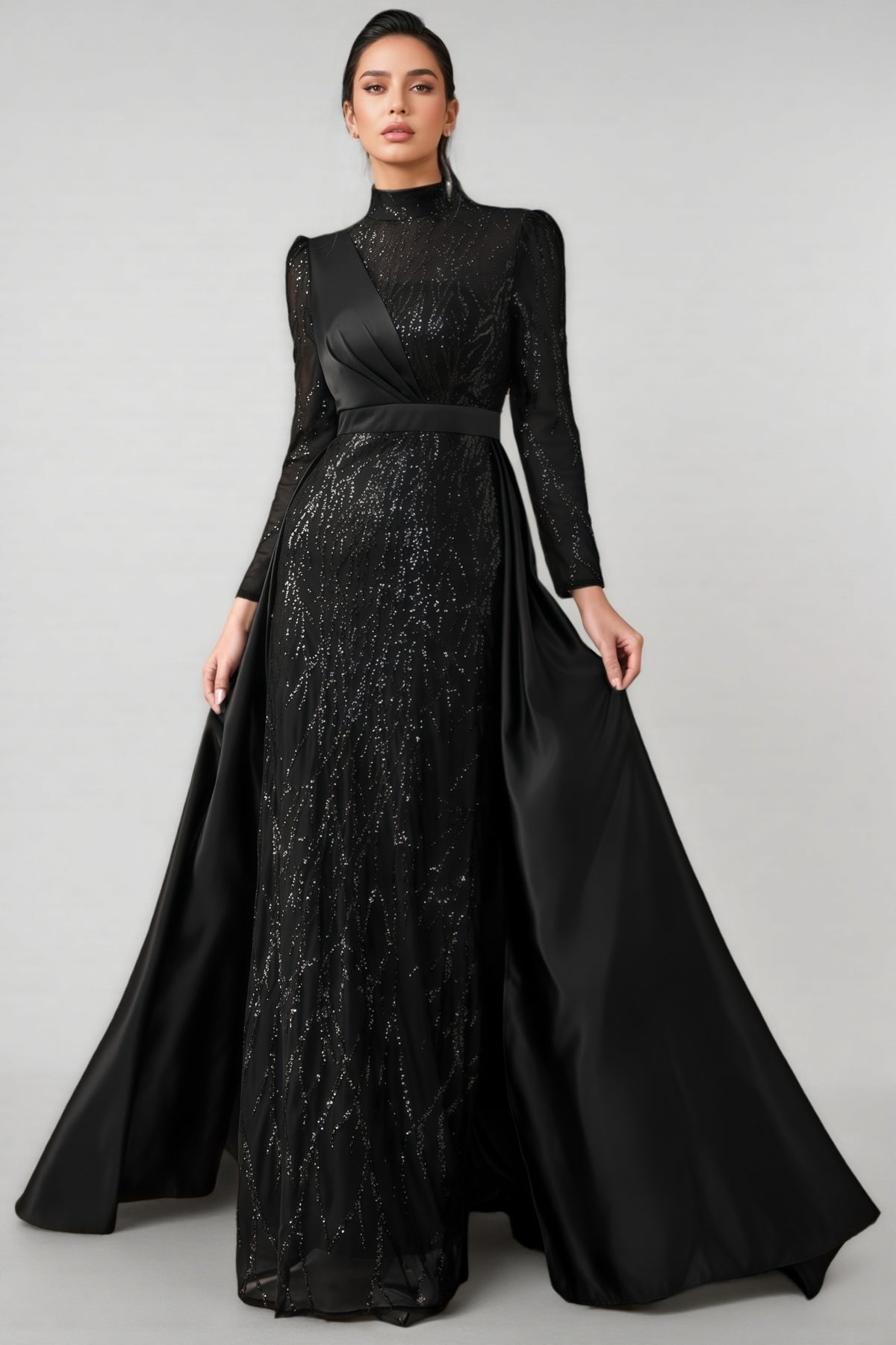 Moto Sequin Satin Long-Sleeved Maxi Dress