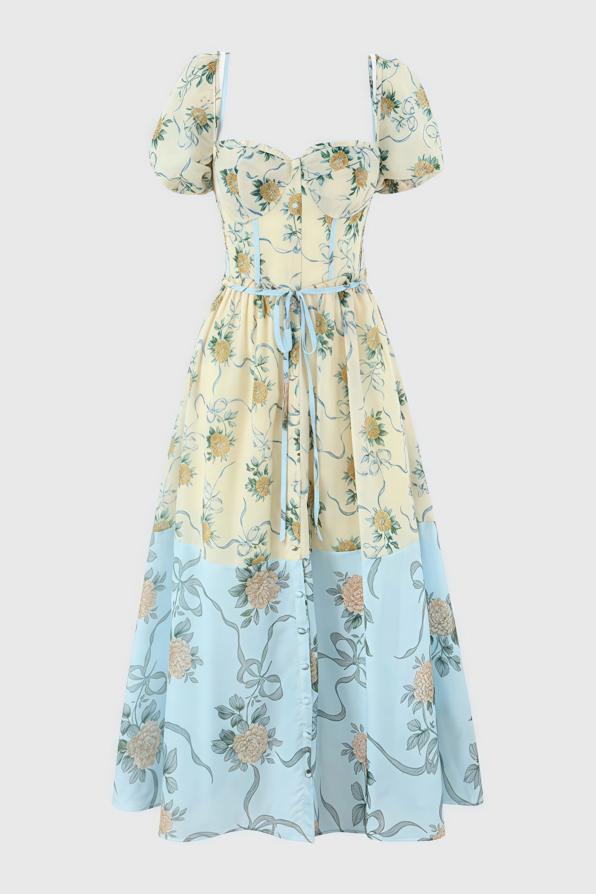 Elowen Yellow Vintage Rose Chiffon Midi Dress