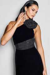 Xoelk Backless Rhinestone 3D Flower Maxi Dress