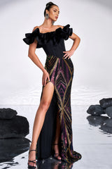Rebekah Black Sequined Slit Maxi Dress
