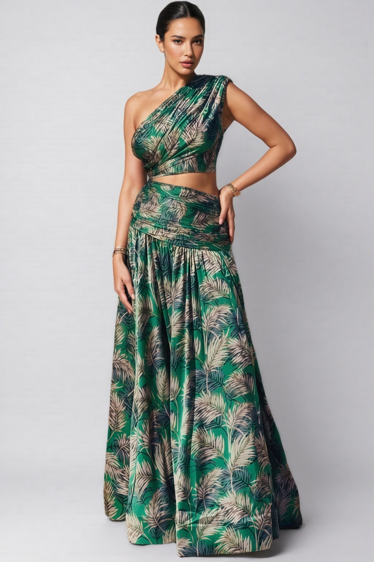 Dritad Green One-Shoulder Slit Maxi Dress Set