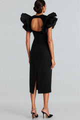 Starsha Black Puff Sleeve Midi Dress