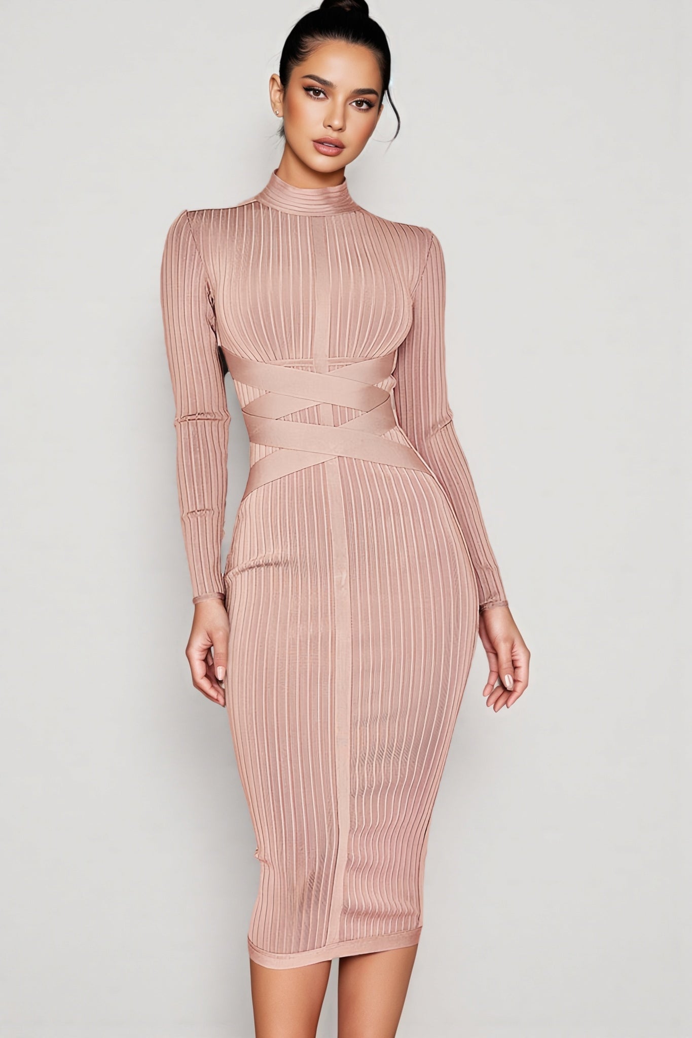 Layra Solid Colour Stand Collar Midi Dress-Brown