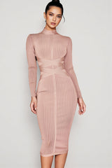 Layra Solid Colour Stand Collar Midi Dress-Brown