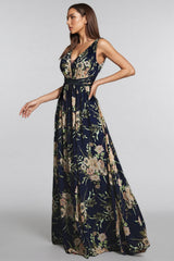 Hedar Deep V-Neck Printed Maxi Dress