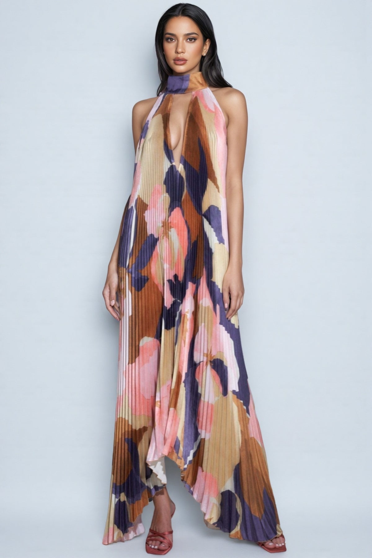 Elia Irregularly Pleated Printed Maxi Dress-Caramel Color