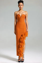 Yeli Feather Slant Hem Bandage Maxi Dress