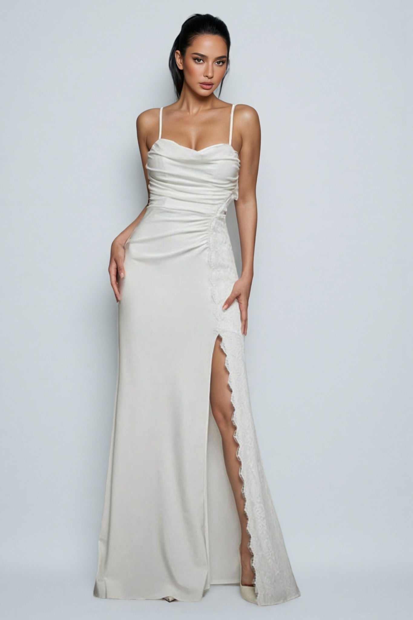 Xila White Split Satin Maxi Dress