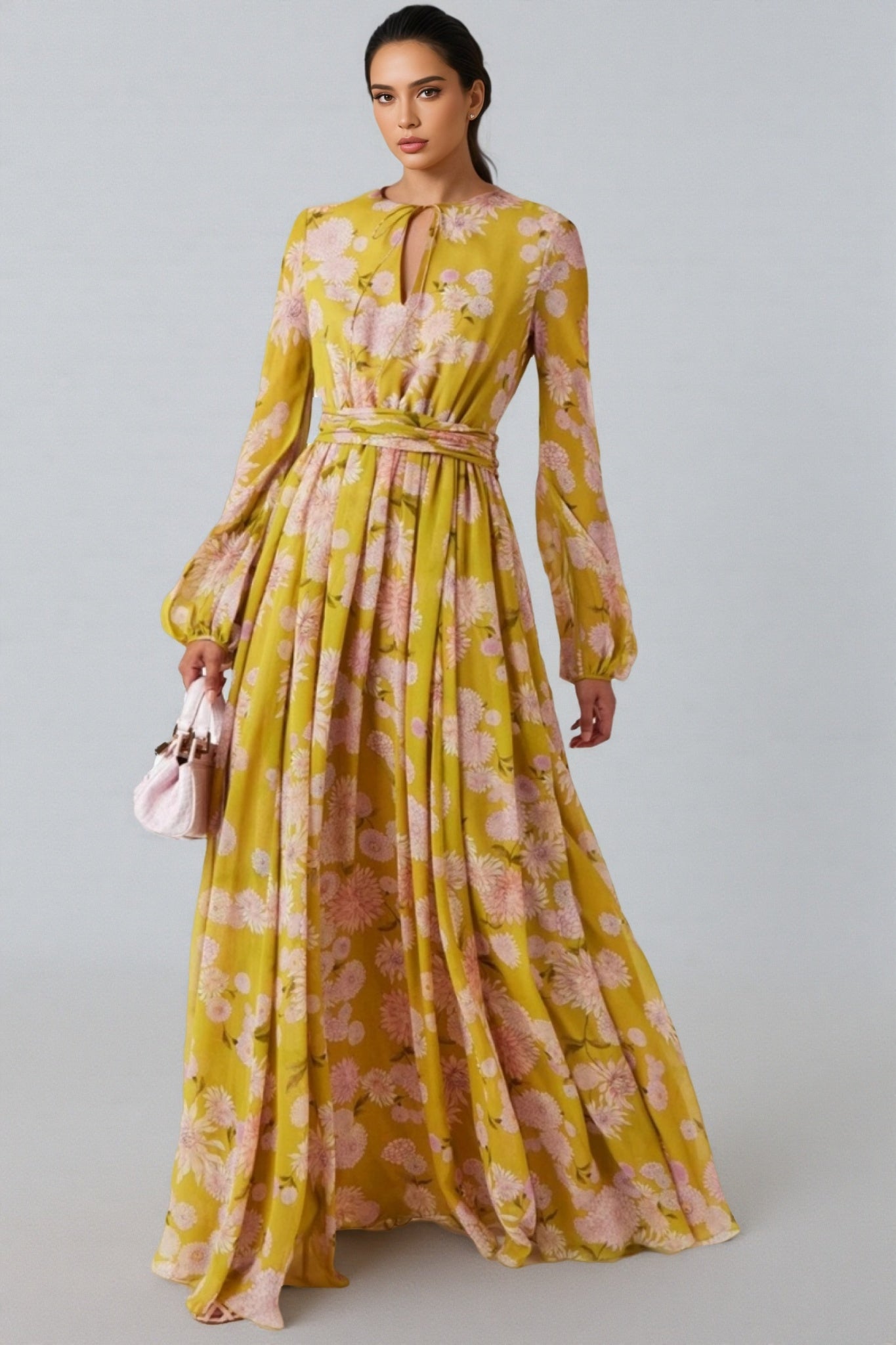 Giselle Floral Lace Up Puff Sleeve Maxi Dress