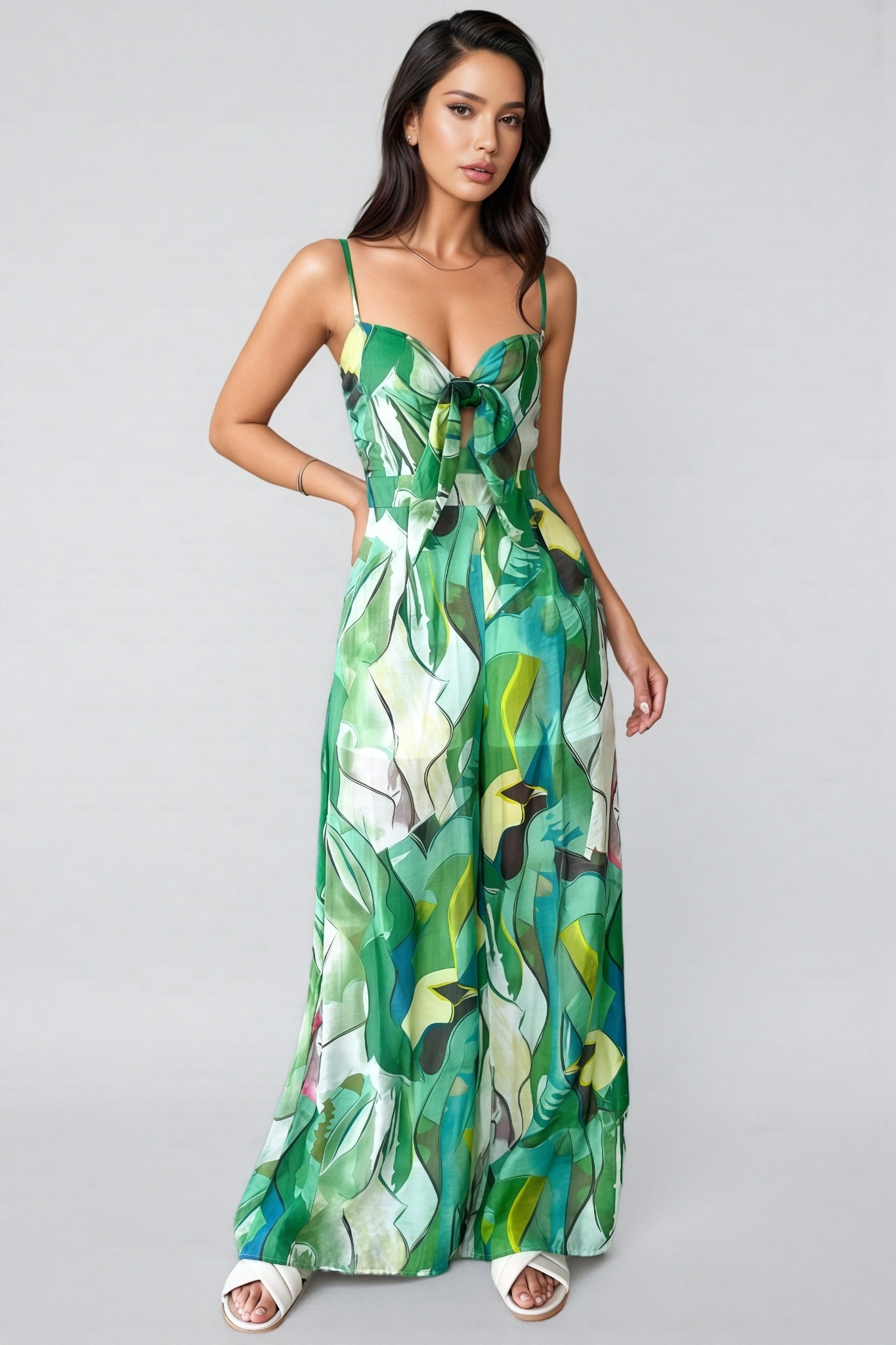 Quinn Green Printed Halter Bow Jumpsuit