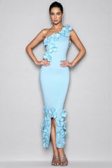 Tamarah Blue One-Shoulder 3D Floral Maxi Dress