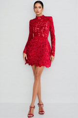 Beni Long Sleeve Lace Mini Dress-Red