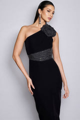 Xoelk Backless Rhinestone 3D Flower Maxi Dress